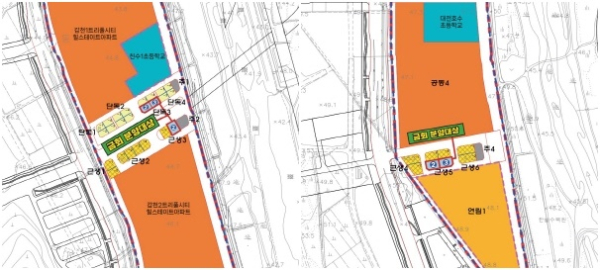 갑천지구 친수구역 분양대상 위치도. (좌) 원신흥동, (우) 도안동