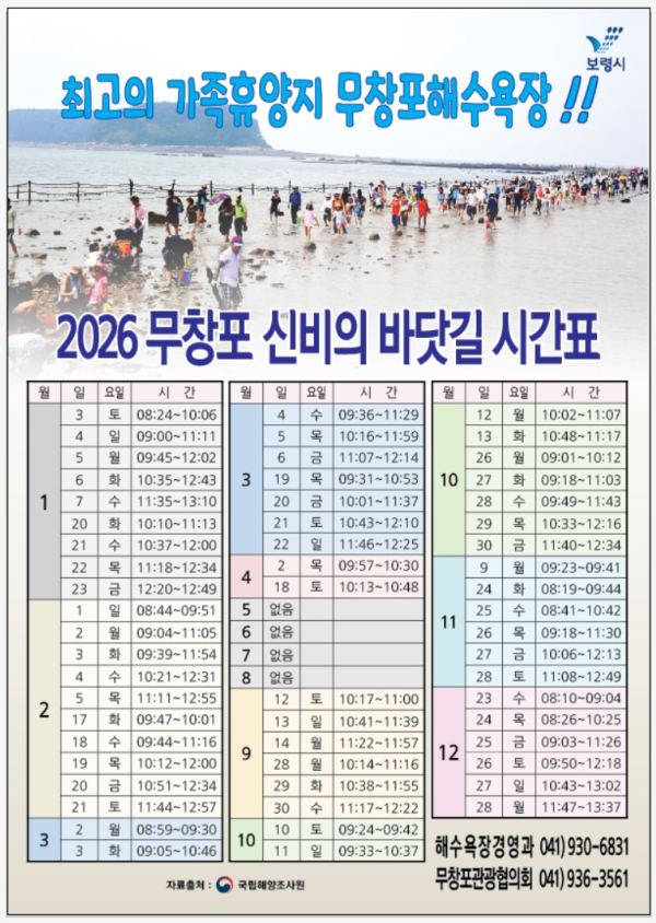 2026년 무창포 신비의 바닷길 시간표
