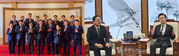 여야 모두 대전충남 행정통합을 위한 논의에 열을 올리고 있다. 이재명 대통령과 민주당 충청권 의원들이 행정통합을 위해 뜻을 모았다.(왼쪽) 국민의힘 소속이 이장우 대전시장과 김태흠 충남지사가 행정통합에 대한 논의를 하고 있다.(오른쪽)