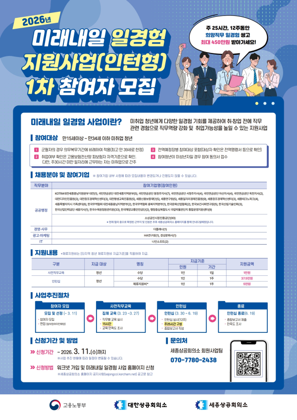 미래내일 일경험 지원사업(인턴형) 1차 참여자 모집 포스터