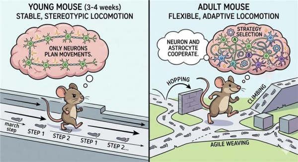 성장에 따른 소뇌 회로 변화와 운동 협응 차이를 나타낸 개념도