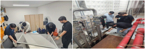 (좌측) 연구동아리 회원들이 비품(방충망) 수선 실습을 하는 장면(2025년) /(우측), 세종시 학교 시설관리 연구동아리 회원들이 기계설비 관리 현장 실습을 하는 장면(2025년)