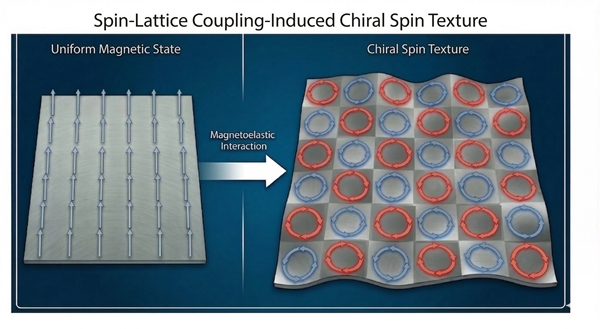 격자(원자 배열)와 스핀의 상호작용으로 생긴 비대칭적인 스핀 배열을 AI로 생성한 이미지 / KAIST 제공