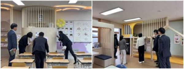 세종시교육청 관계자들이 2025년 세종꿈마루 추진 학교인 새뜸초등학교(좌측), 연동초등학교(우측)를 방문하여 조성된 공간을 둘러보고 있다.