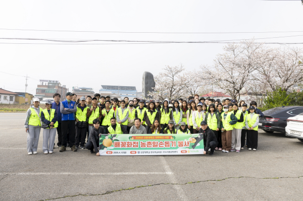 선문대가 배꽃 화접 농촌일손돕기 봉사활동을 하고 있다