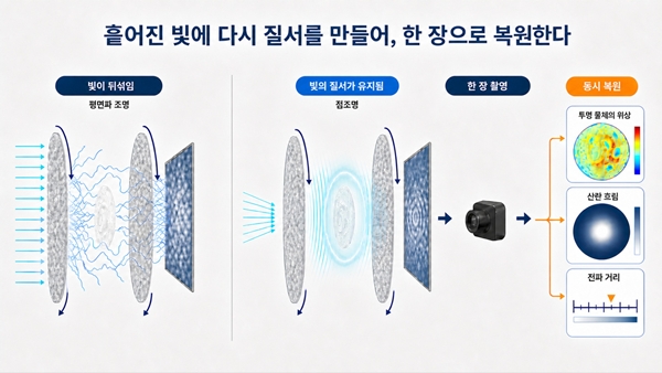 점조명으로 산란층 뒤에 빛의 질서가 유지되는 영역을 형성하고, 한 장의 측정 영상에서 투명 물체의 위상과 산란 흐림, 숨은 거리를 동시에 복원하는 개념도