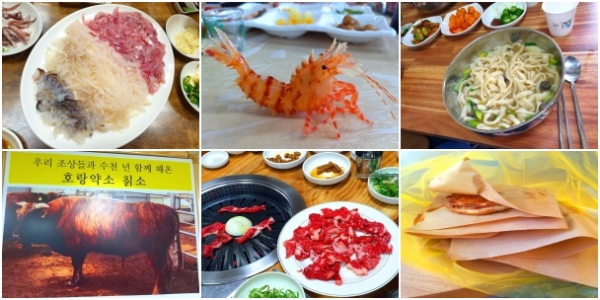 (윗줄 왼쪽부터) 오징어모둠회, 독도새우, 따개비칼국수, 칡소 한우구이, 씨앗 호떡