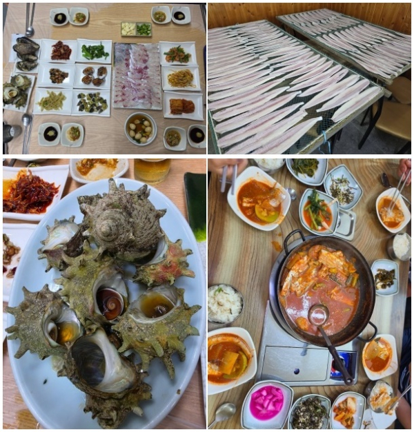 (윗줄 왼쪽부터) 광어회 한상, 갈치포를 말리는 모습, 뿔소라찜, 갈치조림 한상.