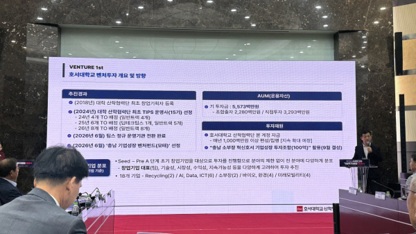 박승범 호서대 창업대학중심대학사업단장이 호서대 벤처투자 현황을 설명하고 있다