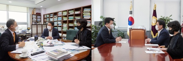 오세현 시장이 국회를 방문해 (좌) 이명수 의원, (우) 복기왕 비서실장과 대화를 나누고 있다