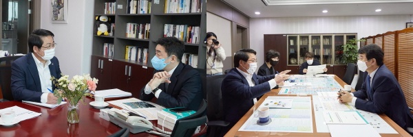 오세현 시장이 국회를 방문해 (좌) 강훈식 의원, (우) 문진석 의원과 대화를 나누고 있다