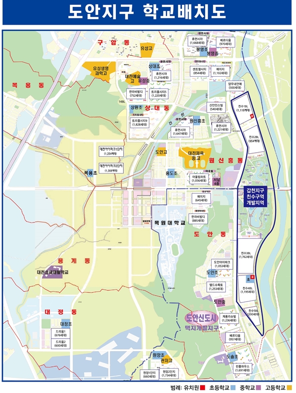 2021년 5월 기준 도안지구 학교위치도.