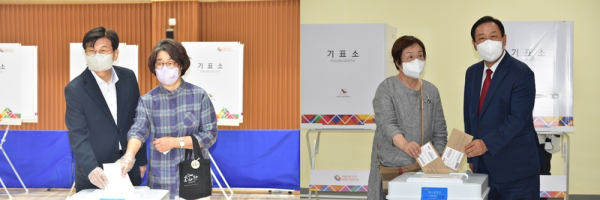 더불어민주당 이춘희 세종시장 후보 부부(왼쪽)와 국민의힘 최민호 세종시장 후보 부부가 지방선거 사전투표 첫 날인 27일 각각 참정권을 행사하고 있다.