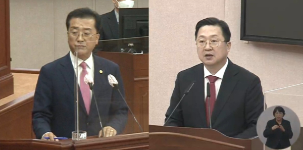 (우측부터) 이장우 대전시장, 조원휘 대전시의원. (사진=시의회 인터넷 생방송 화면 캡처)