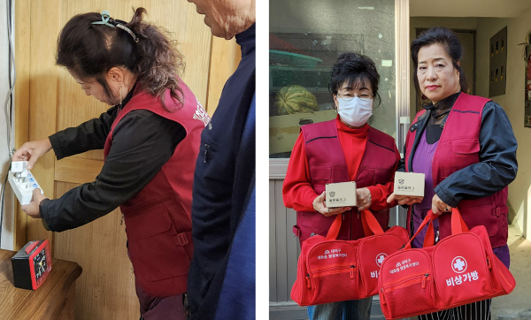 (사진 왼쪽) 대화동 안전협의체 위원이 홀몸 어르신 가구에 스마트 돌봄 플러그 설치 모습. (사진 오른쪽) 대화동 안전협의체 위원들이 지역 주민들에게 안전키트 배부 모습