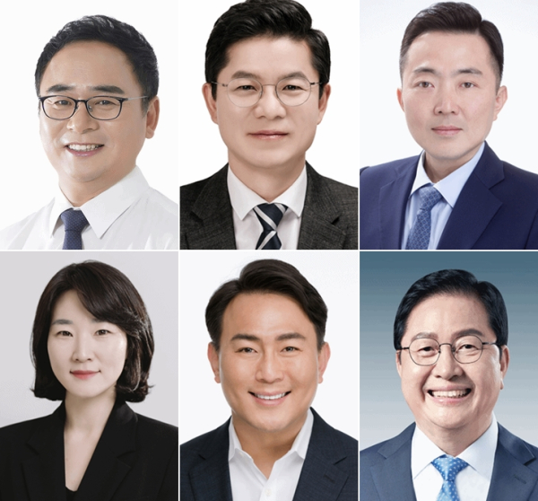 (윗줄 왼쪽부터) 민주당 안필용 전 대전시 비서실장, 이영선 변호사, 이용수 전 박병석 국회의장 정책수석. (아랫줄 왼쪽부터) 이지혜 전 국회의원 보좌관, 유지곤 중앙당 보건특별위원회 부위원장, 장종태 전 서구청장