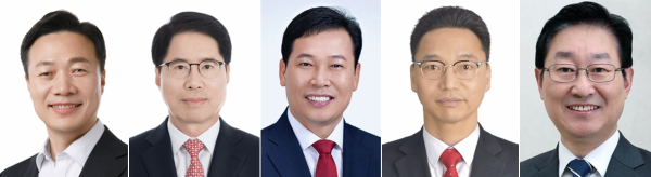 왼쪽부터 국민의힘 이택구 전 대전시 행정부시장, 양홍규 서구을당협위원장, 국민의힘 조성천 변호사, 강노산 전 서구의원, 더불어민주당 박범계 국회의원. (이상 여야순)