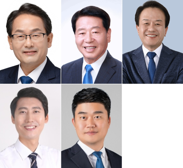 (윗줄 왼쪽부터) 민주당 강준현 의원, 서금택 전 세종시의회 의장, 이강진 전 세종시 정무부시장. (아랫줄 왼쪽부터) 이태환 전 세종시의회 의장, 신용우 안희정 전 충남지사 비서