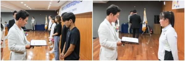 이승찬 계룡장학재단 이사장이 전국소년체육대회 우수 입상자에게 장학금을 시상하고 있다.