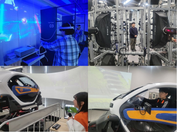 신입생들이 다담미래학습관에서 ‘첨단 신기술 체험’을 하는 모습(왼쪽상단부터 시계 방향으로 : XR 체험관에서 가상현실 체험을 하는 장면, 메타스티듀오에서 3D 스캔 촬영 체험 모습, 드라이빙 시뮬레이터 체험 모습)