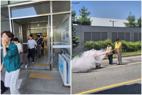 23일 오후, 세종시교육청 버스 승차장에서 전체 직원들이 화재 대피 훈련을 실시하고 있다.