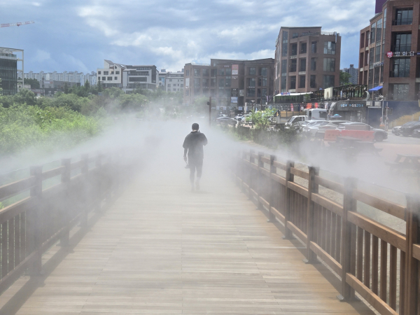성성호수공원에 물안개를 분사해 주변 온도를 낮추는 ‘쿨링포그’ 설치 모습