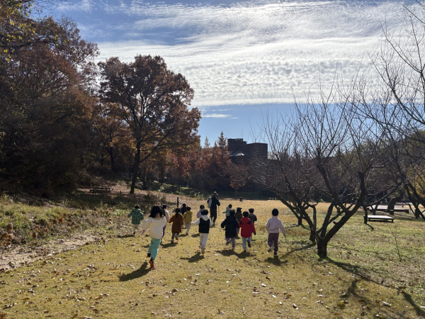 국립대전숲체원 잔디밭에서 ‘달마다 숲으로 풍덩~’ 프로그램에 참여한 유아들이 뛰어놀고 있다.