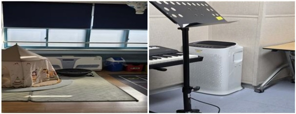 (좌) 조치원대동초 바닥형 공기정화장치 설치 모습, (우) 세종예술고 연습실 공기청정기 설치 모습