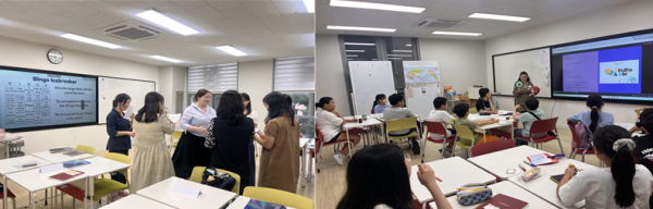 (좌측) 2025년 2학기 영국인 원어민 교사의 초등학생 대상 영어 수업 장면,  (우측) 2025년 2학기 영국인 원어민 교사의 관내 교직원 대상 영어 수업 장면