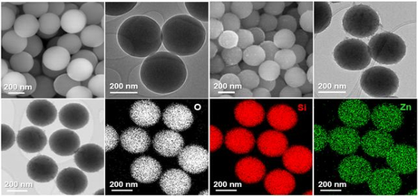 아연-실리카 나노물질의 전자현미경 분석 결과. 왼쪽 위가 순수실리카, 오른쪽 위 및 아래가 아연-실리카.