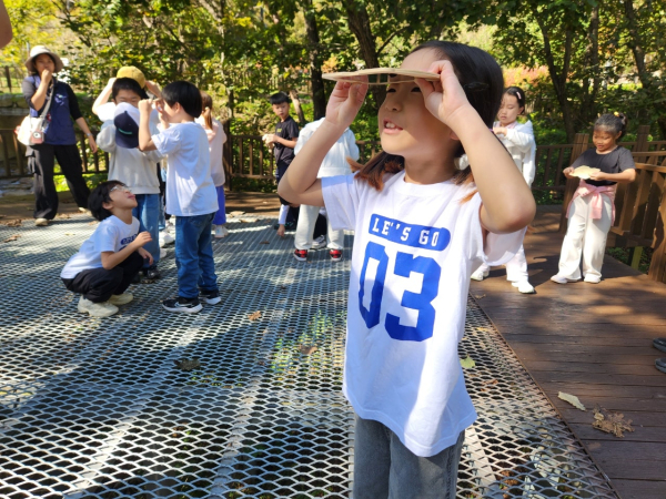 2025년 국립춘천숲체원에서 진행된 '숲수토리' 프로그램 참여 청소년들이 거울을         활용해 숲의 다각적인 생태계를 관찰하며 산림 교육 체험