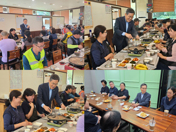 14일, 유길상 총장이 대학 인근 식당에서 생활협동조합 미화·조경 근로자들과 식사를 함께하며 감사의 마음을 전하고 소통하고 있다.